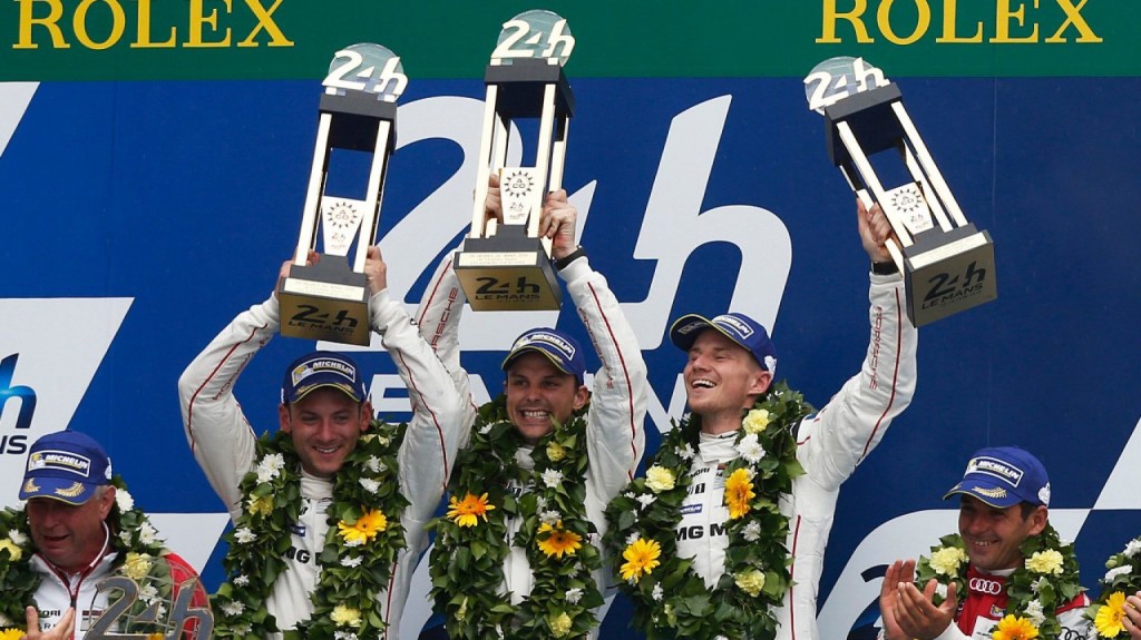 victorious Porsche Team at Le Mans (L to R): Nick Tandy, Earl Bamber and Nico Hulkenberg. © LAT Photographic