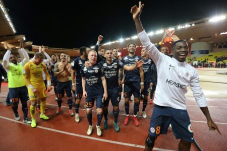 Montpellier celebran la victoria al final del partido de la liga francesa