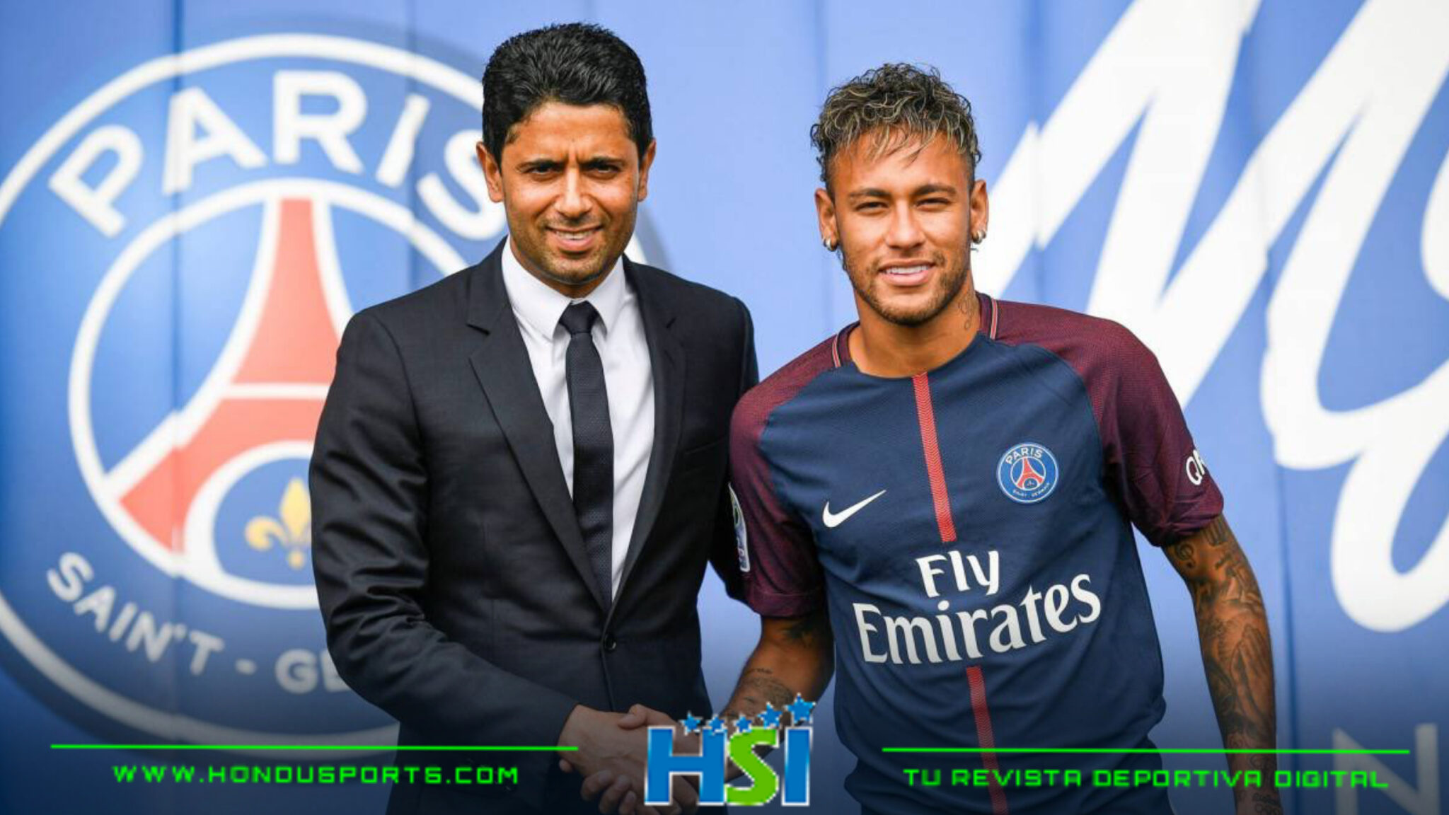 Neymar Jr posa con Nasser Al-Khelaifi. Foto Agencias