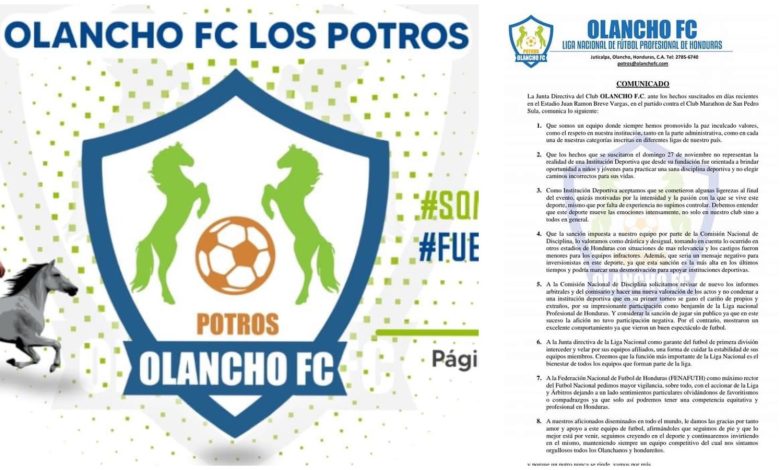 Olancho FC solicita reconsiderar castigo impuesto tras lo ocurrido frente a Marathón