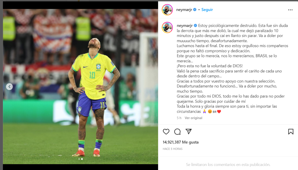 Neymar tras la eliminación de Brasil: "Va a doler por mucho tiempo"